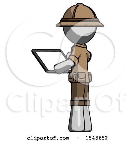 Gray Explorer Ranger Man Looking at Tablet Device Computer with Back to Viewer by Leo Blanchette