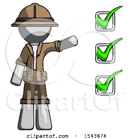 Gray Explorer Ranger Man Standing by List of Checkmarks by Leo Blanchette