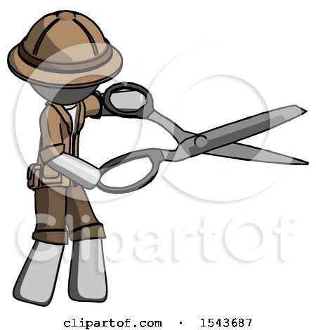 Gray Explorer Ranger Man Holding Giant Scissors Cutting out Something by Leo Blanchette