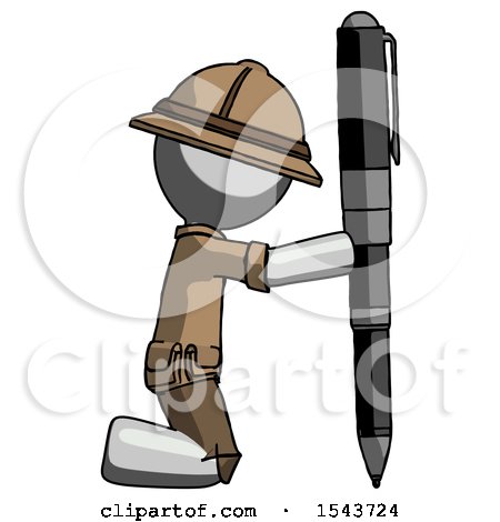 Gray Explorer Ranger Man Posing with Giant Pen in Powerful yet Awkward Manner. by Leo Blanchette