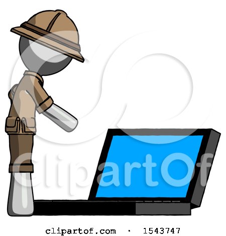 Gray Explorer Ranger Man Using Large Laptop Computer Side Orthographic View by Leo Blanchette