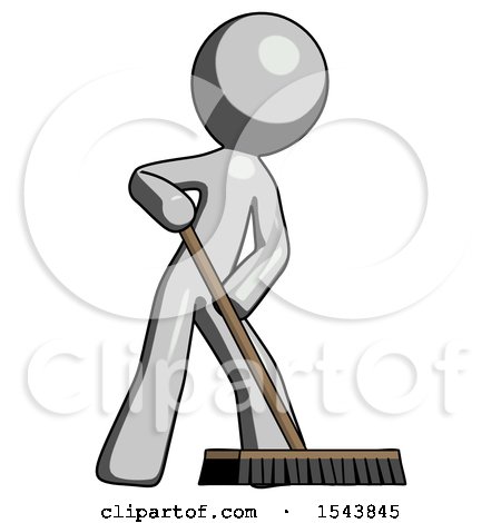 Gray Design Mascot Man Cleaning Services Janitor Sweeping Floor with Push Broom by Leo Blanchette