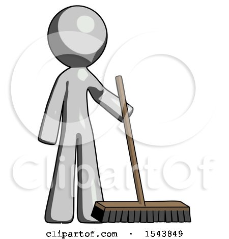 Gray Design Mascot Man Standing with Industrial Broom by Leo Blanchette
