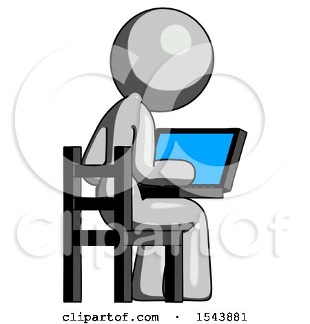 Gray Design Mascot Woman Using Laptop Computer While Sitting in Chair View from Back by Leo Blanchette