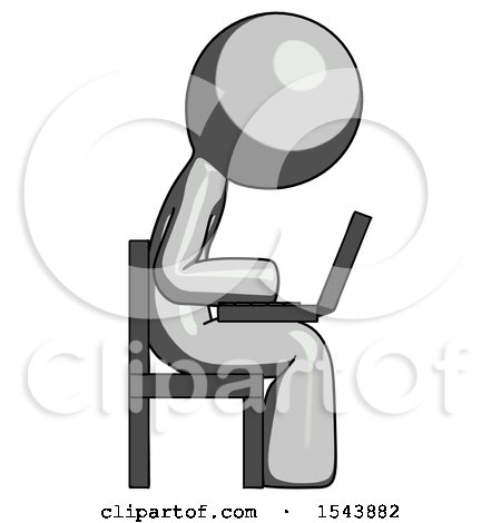 Gray Design Mascot Man Using Laptop Computer While Sitting in Chair View from Side by Leo Blanchette