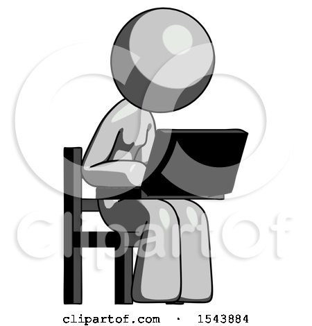 Gray Design Mascot Woman Using Laptop Computer While Sitting in Chair Angled Right by Leo Blanchette