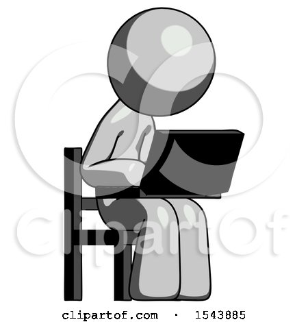 Gray Design Mascot Man Using Laptop Computer While Sitting in Chair Angled Right by Leo Blanchette