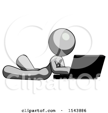 Gray Design Mascot Woman Using Laptop Computer While Lying on Floor Side Angled View by Leo Blanchette