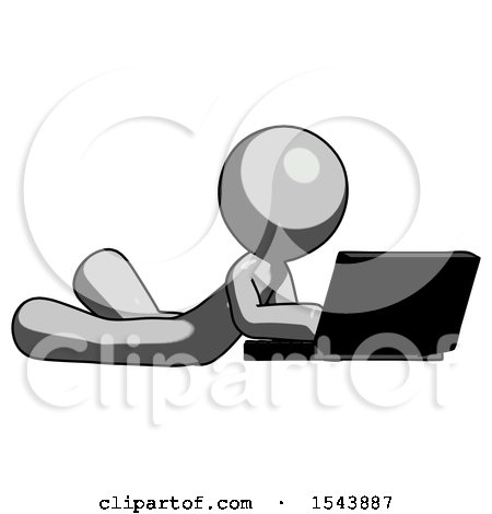 Gray Design Mascot Man Using Laptop Computer While Lying on Floor Side Angled View by Leo Blanchette