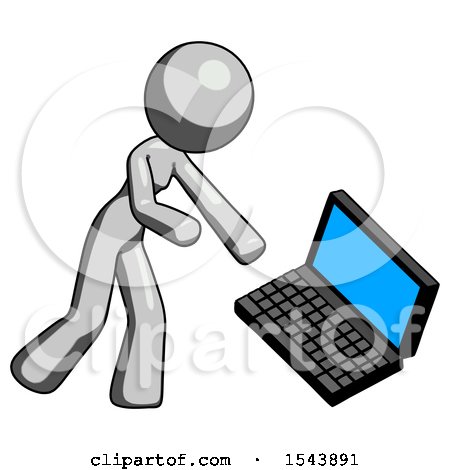 Gray Design Mascot Woman Throwing Laptop Computer in Frustration by Leo Blanchette