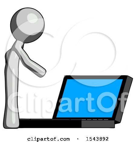 Gray Design Mascot Man Using Large Laptop Computer Side Orthographic View by Leo Blanchette