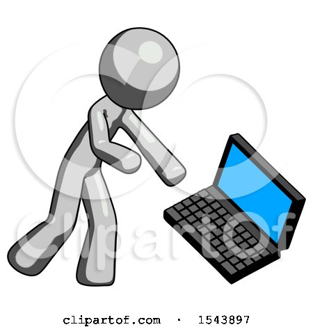 Gray Design Mascot Man Throwing Laptop Computer in Frustration by Leo Blanchette