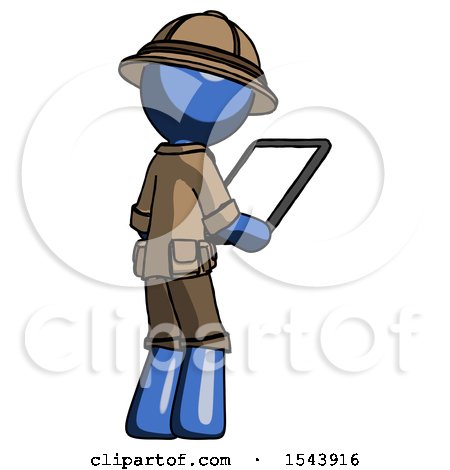 Blue Explorer Ranger Man Looking at Tablet Device Computer Facing Away by Leo Blanchette