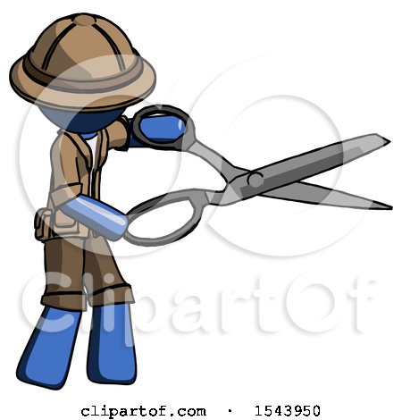 Blue Explorer Ranger Man Holding Giant Scissors Cutting out Something by Leo Blanchette