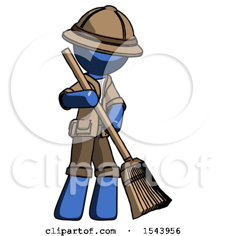 Blue Explorer Ranger Man Sweeping Area with Broom by Leo Blanchette