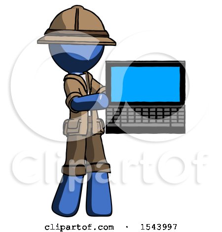 Blue Explorer Ranger Man Holding Laptop Computer Presenting Something on Screen by Leo Blanchette