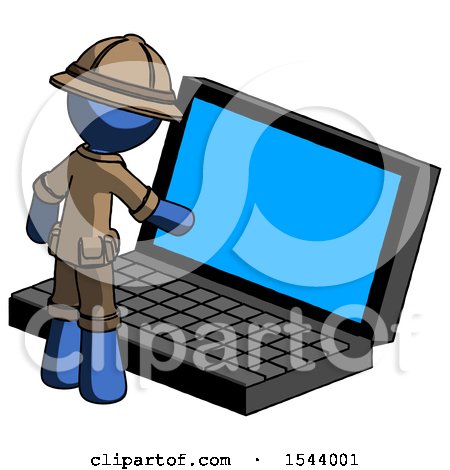 Blue Explorer Ranger Man Using Large Laptop Computer by Leo Blanchette