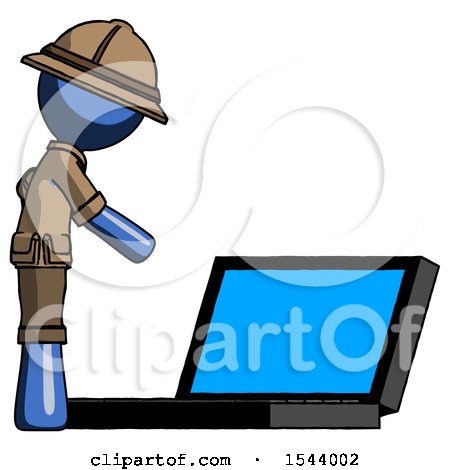 Blue Explorer Ranger Man Using Large Laptop Computer Side Orthographic View by Leo Blanchette