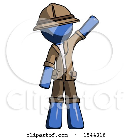 Blue Explorer Ranger Man Waving Emphatically with Left Arm by Leo Blanchette