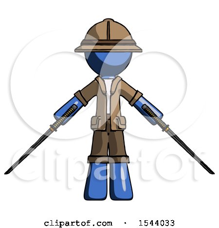 Blue Explorer Ranger Man Posing with Two Ninja Sword Katanas by Leo Blanchette