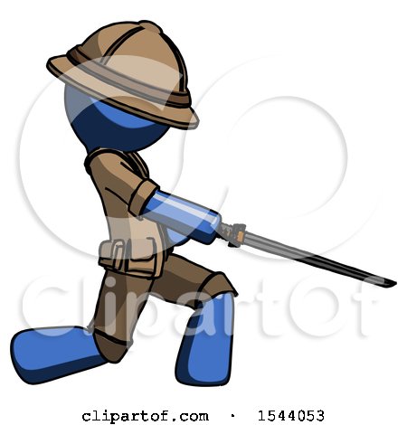 Blue Explorer Ranger Man with Ninja Sword Katana Slicing or Striking Something by Leo Blanchette