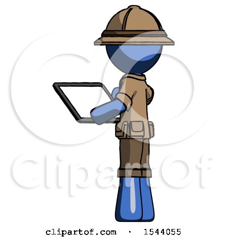Blue Explorer Ranger Man Looking at Tablet Device Computer with Back to Viewer by Leo Blanchette