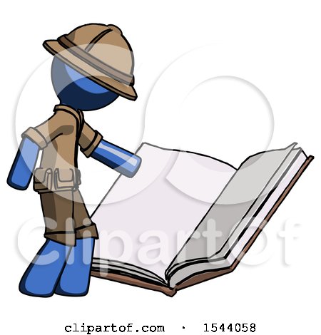 Blue Explorer Ranger Man Reading Big Book While Standing Beside It by Leo Blanchette