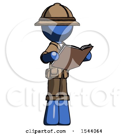 Blue Explorer Ranger Man Reading Book While Standing up Facing Away by Leo Blanchette