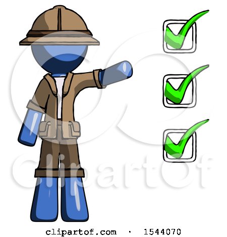 Blue Explorer Ranger Man Standing by List of Checkmarks by Leo Blanchette