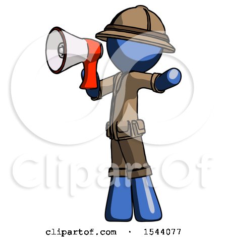 Blue Explorer Ranger Man Shouting into Megaphone Bullhorn Facing Left by Leo Blanchette