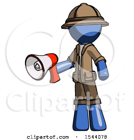 Blue Explorer Ranger Man Holding Megaphone Bullhorn Facing Right by Leo Blanchette