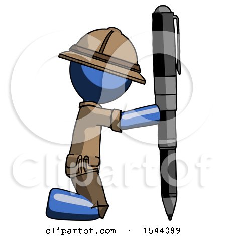 Blue Explorer Ranger Man Posing with Giant Pen in Powerful yet Awkward Manner. by Leo Blanchette