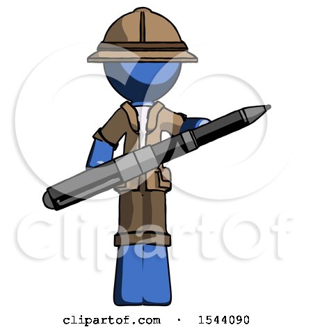 Blue Explorer Ranger Man Posing Confidently with Giant Pen by Leo Blanchette