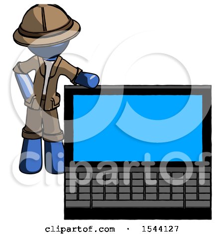 Blue Explorer Ranger Man Beside Large Laptop Computer, Leaning Against It by Leo Blanchette
