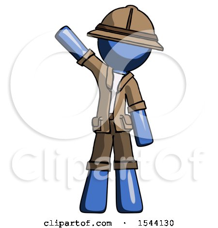 Blue Explorer Ranger Man Waving Emphatically with Right Arm by Leo Blanchette