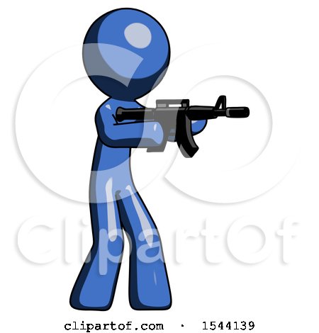 Blue Design Mascot Man Shooting Automatic Assault Weapon by Leo Blanchette
