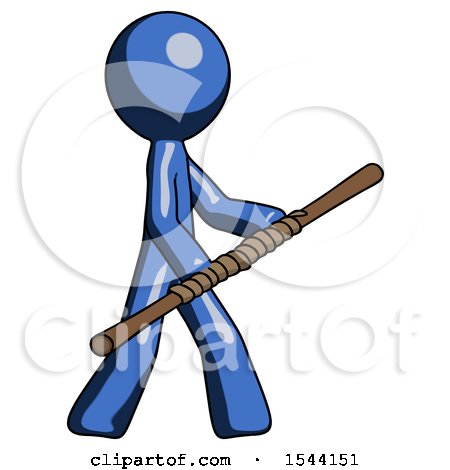 Blue Design Mascot Man Holding Bo Staff in Sideways Defense Pose by Leo Blanchette