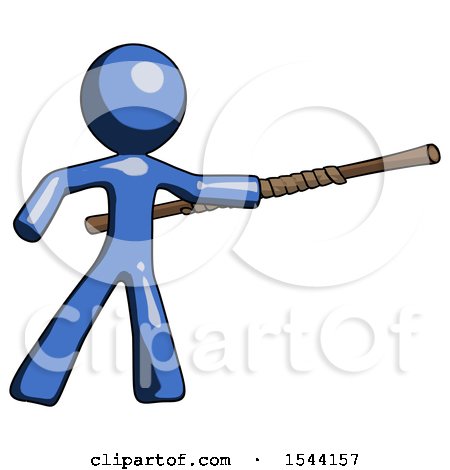 Blue Design Mascot Man Bo Staff Pointing Right Kung Fu Pose by Leo Blanchette