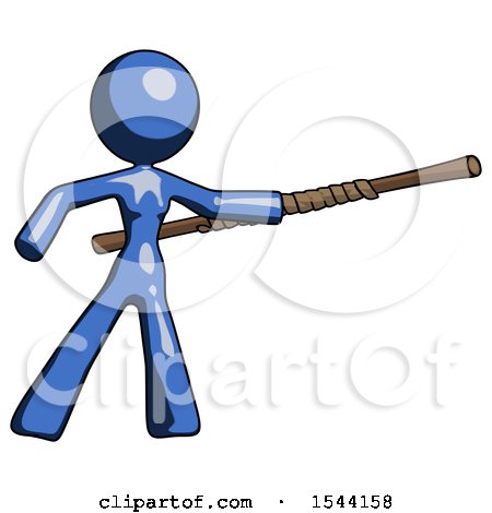 Blue Design Mascot Woman Bo Staff Pointing Right Kung Fu Pose by Leo Blanchette