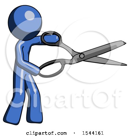 Blue Design Mascot Man Holding Giant Scissors Cutting out Something by Leo Blanchette