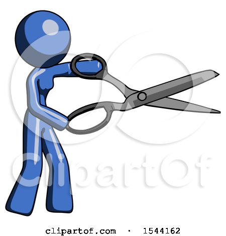 Blue Design Mascot Woman Holding Giant Scissors Cutting out Something by Leo Blanchette