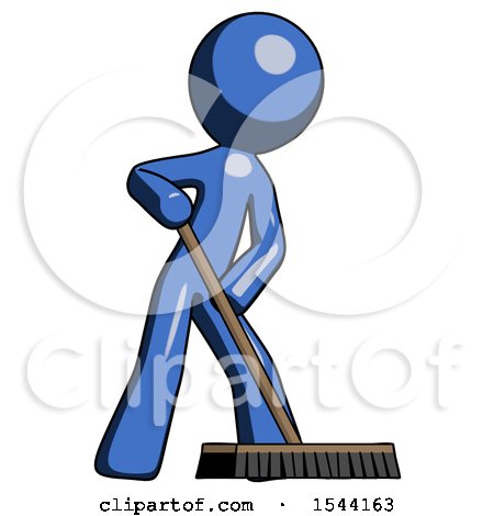 Blue Design Mascot Man Cleaning Services Janitor Sweeping Floor with Push Broom by Leo Blanchette