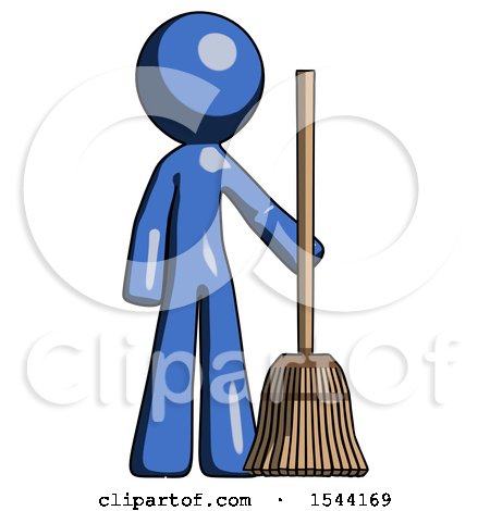 Blue Design Mascot Man Standing with Broom Cleaning Services by Leo Blanchette