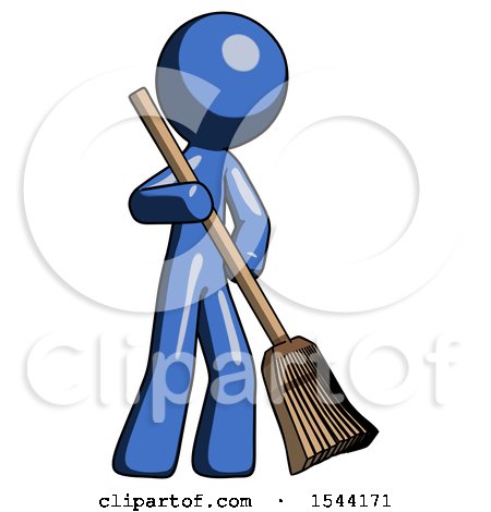 Blue Design Mascot Man Sweeping Area with Broom by Leo Blanchette