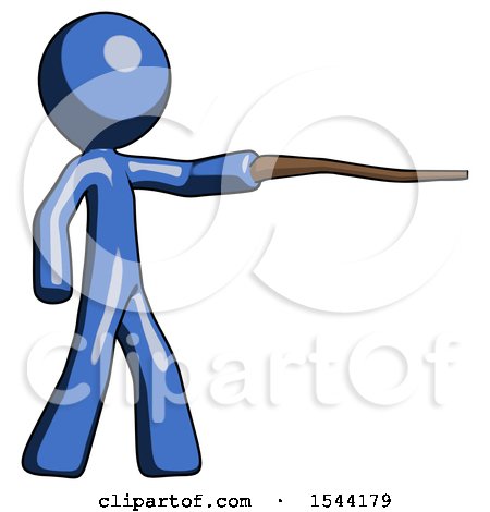 Blue Design Mascot Man Pointing with Hiking Stick by Leo Blanchette