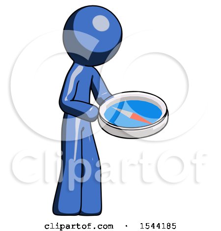 Blue Design Mascot Man Looking at Large Compass Facing Right by Leo Blanchette