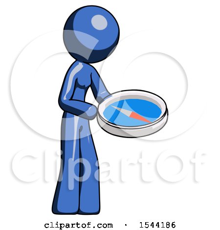 Blue Design Mascot Woman Looking at Large Compass Facing Right by Leo Blanchette