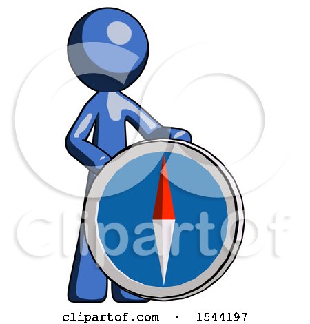 Blue Design Mascot Man Standing Beside Large Compass by Leo Blanchette