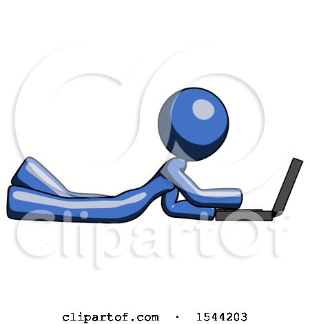 Blue Design Mascot Woman Using Laptop Computer While Lying on Floor Side View by Leo Blanchette