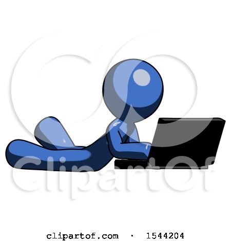 Blue Design Mascot Man Using Laptop Computer While Lying on Floor Side Angled View by Leo Blanchette